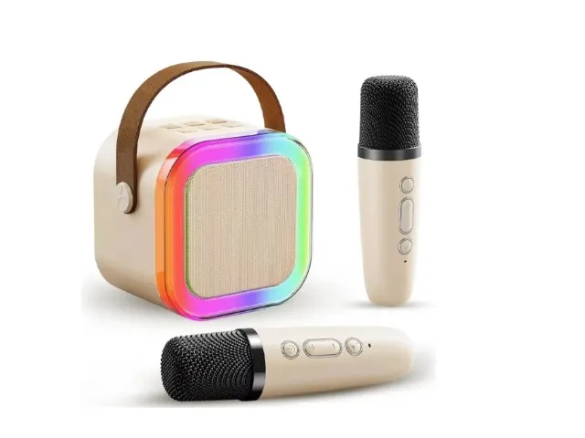 Mini Karaokê S/ Fio 2 Microfones Caixinha Som Led Bluetooth
