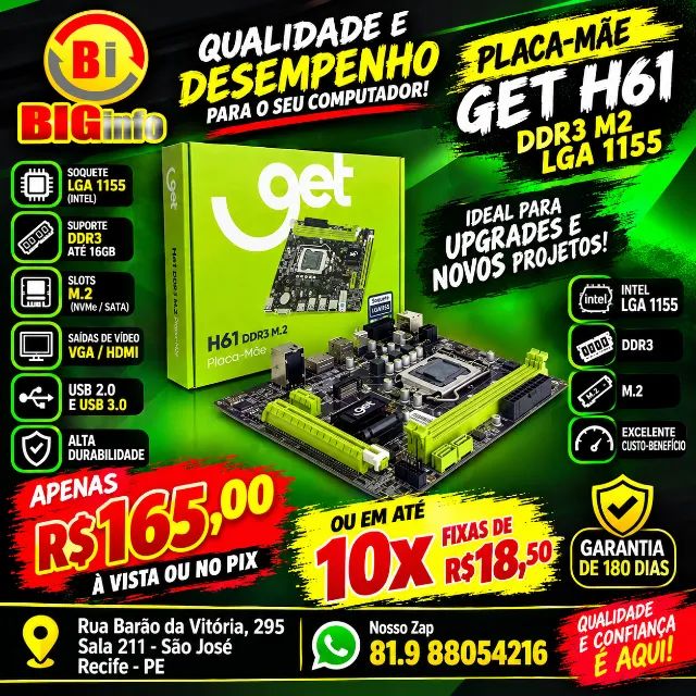 Placa-Mãe Get H61 DDR3 M2 LGA 1155, Suporte Intel 2°/3° Geração
