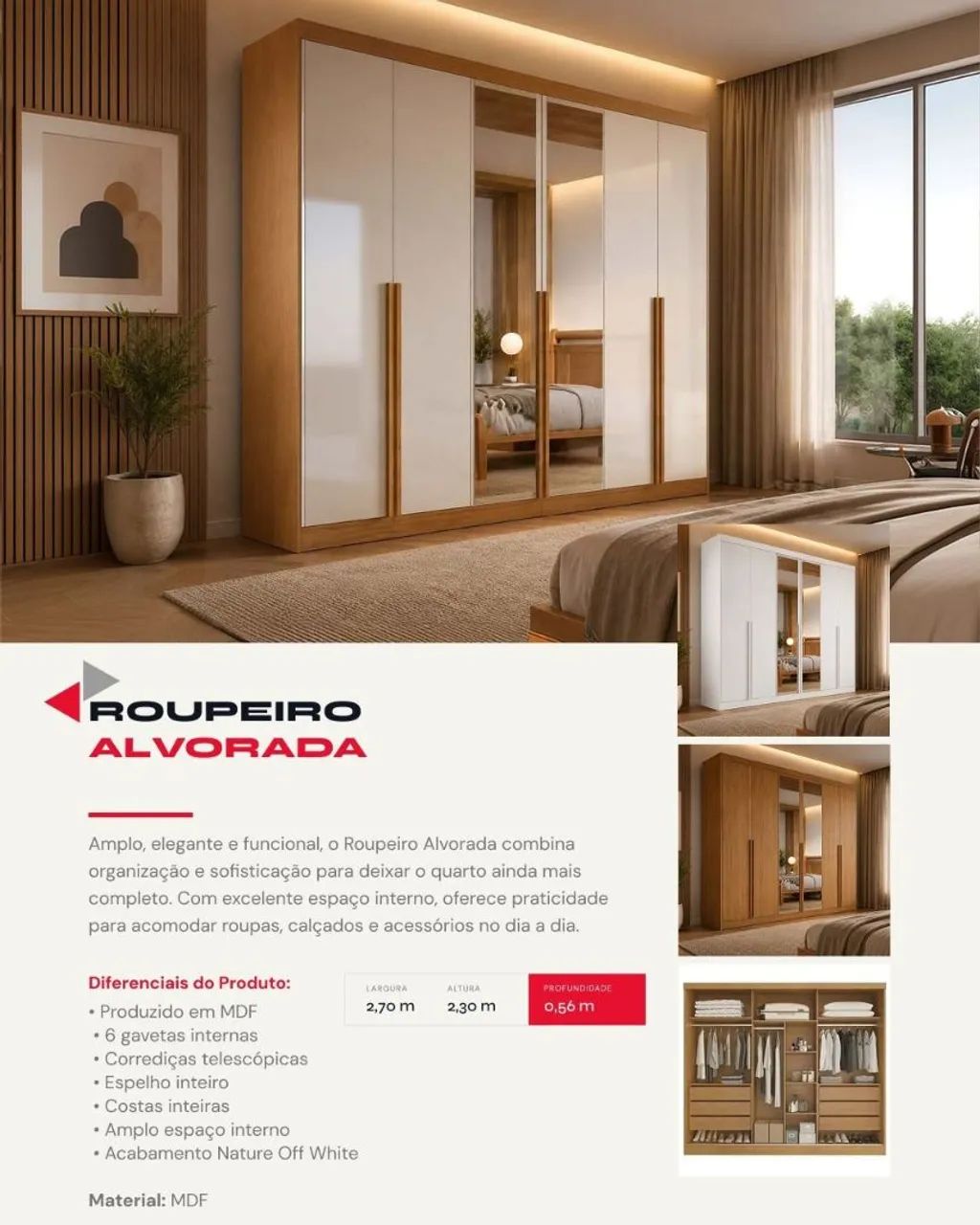 Guarda roupa Alvorada 100% MDF com espelho 