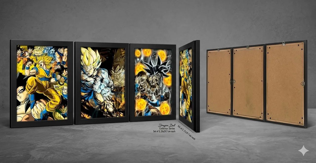 Trio de Quadros Decorativos Dragon Ball Z & Super - Moldura