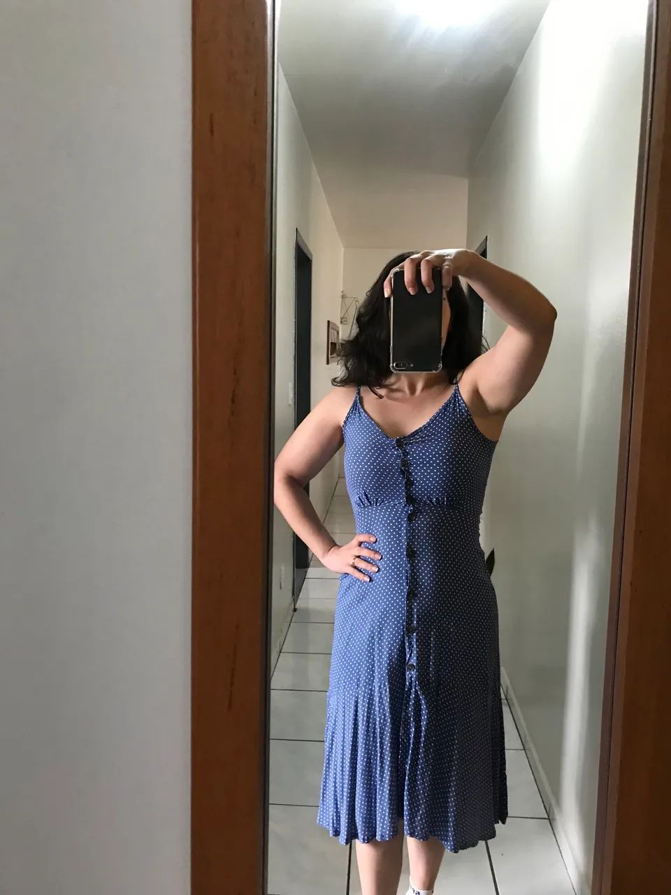 Vestido poá azul e branco, SEMINOVO.