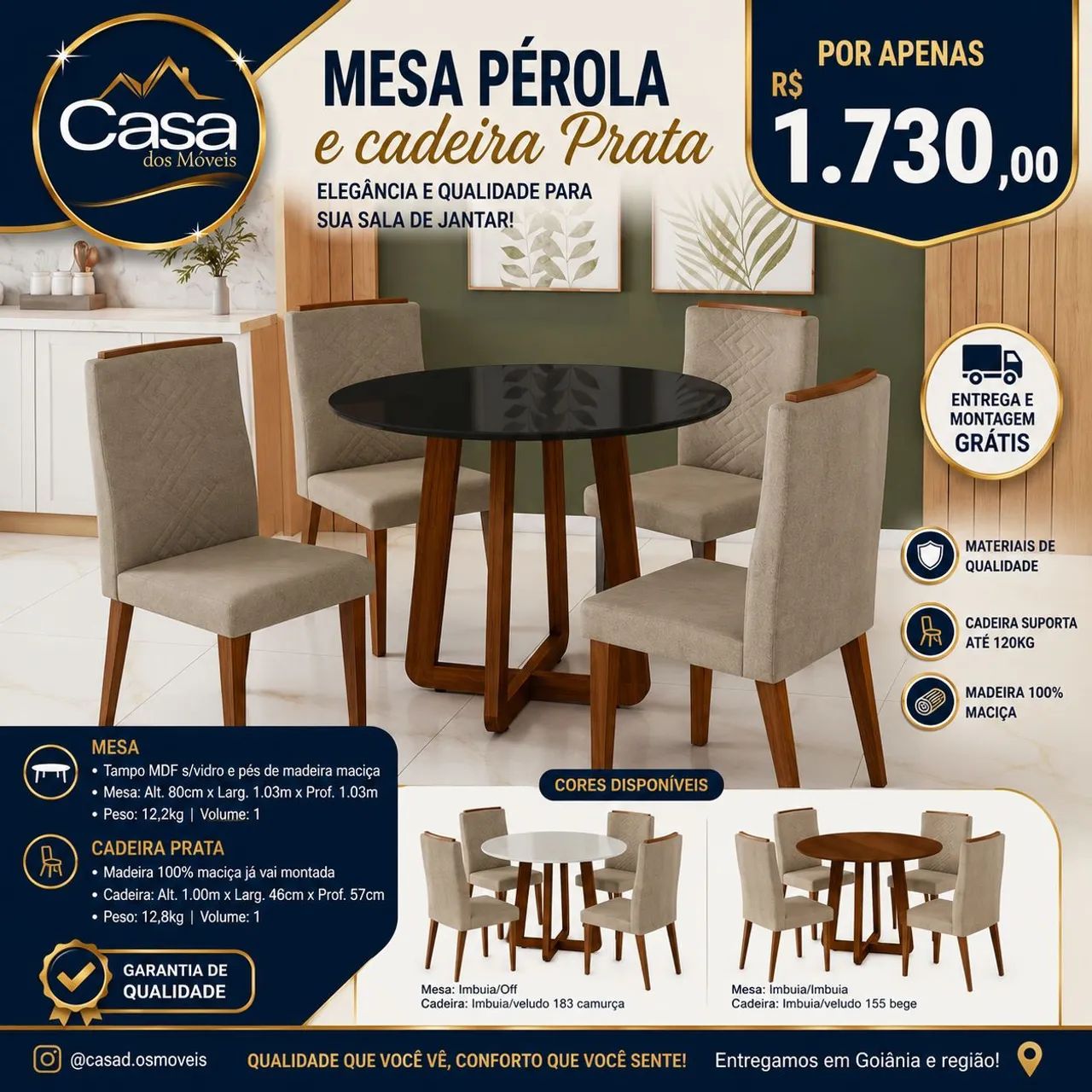 Mesa Pérola + 4cd Prata Madeira