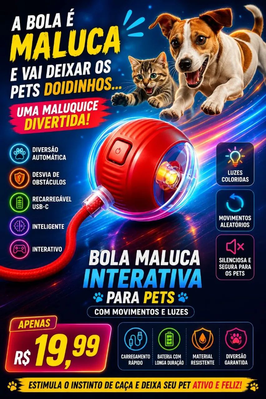 Bola Maluca Interativa Para Pets com Movimentos e Luzes