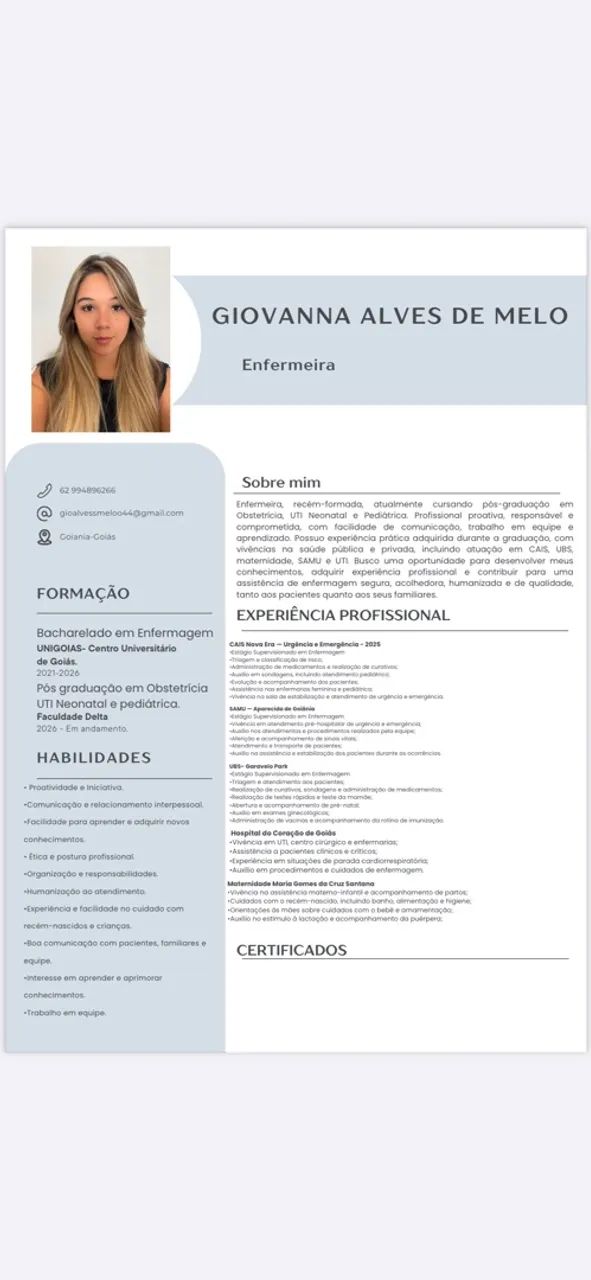 Meu currículo- Recém formada em enfermagem 