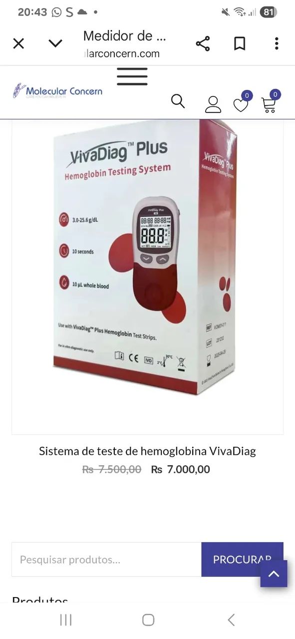 Vivadiag plus Hb Aparelho para teste hemoglobina 