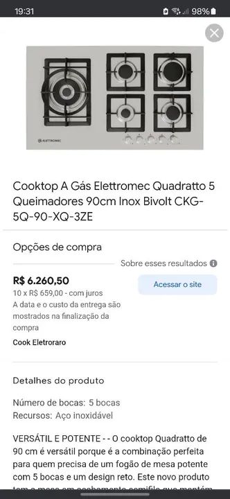 Cooktop Elettromec  5 bocas 90cm 