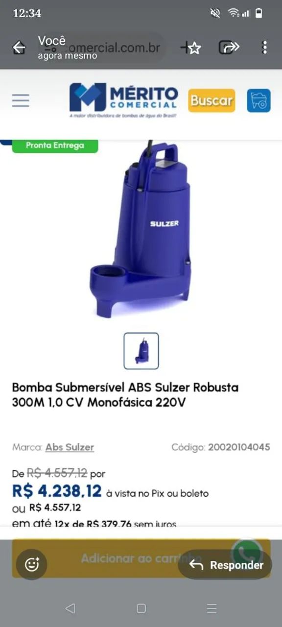 Bomba Submersível ABS Sulzer Robusta 300M 1,0 CV Monofásica 220V