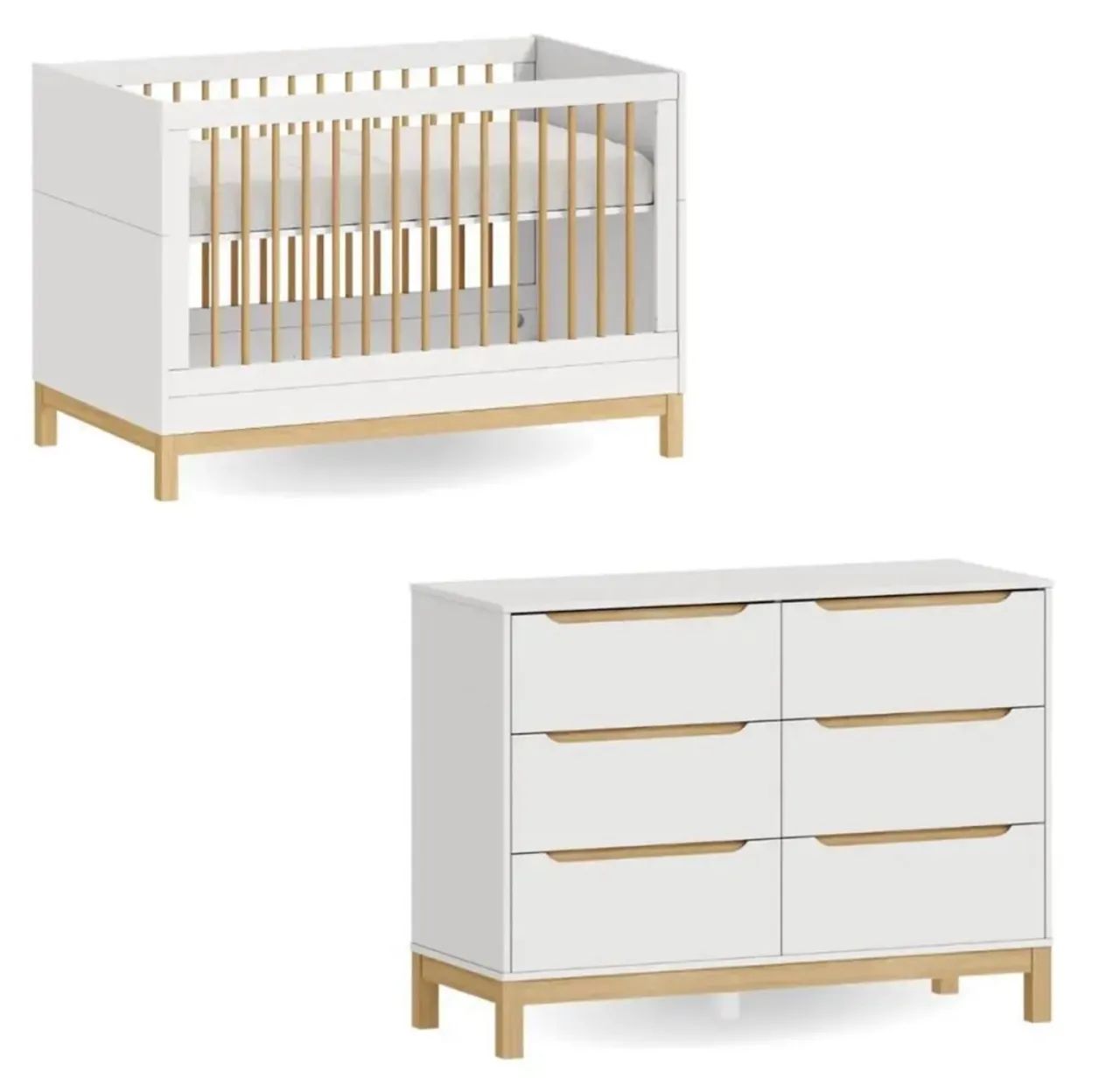 Conjunto berço 2 em 1 e cômoda 6 gavetas. Linha Cozy.