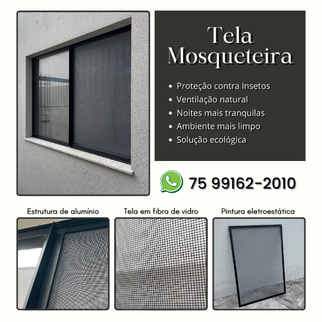 Tela de mosqueteira para janelas feito com perfil de alumínio e tela de fibra de vidro
