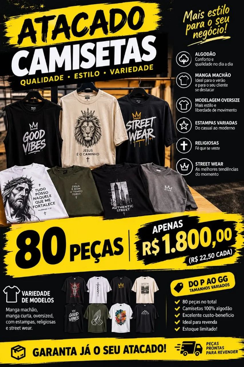 Kit com 80 camisetas masculinas variadas