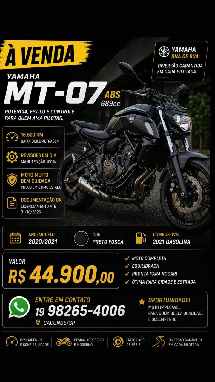 YAMAHA MT-07 ABS 2021 - IMPECÁVEL!