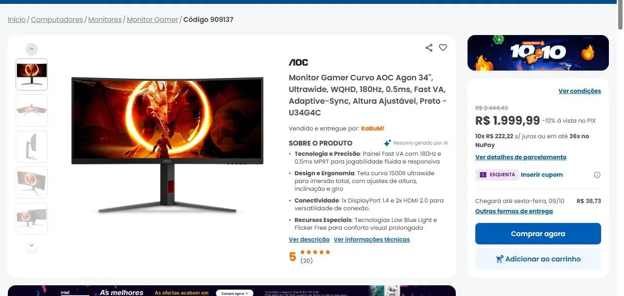 Monitor Ultra Wide 34 Agon U34G4C - Foto 3