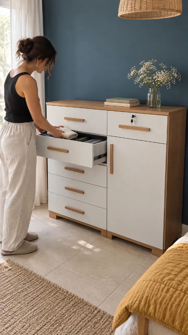 >NOVA< Cômoda Branca e Amadeirada com 6 Gavetas e 1 Porta