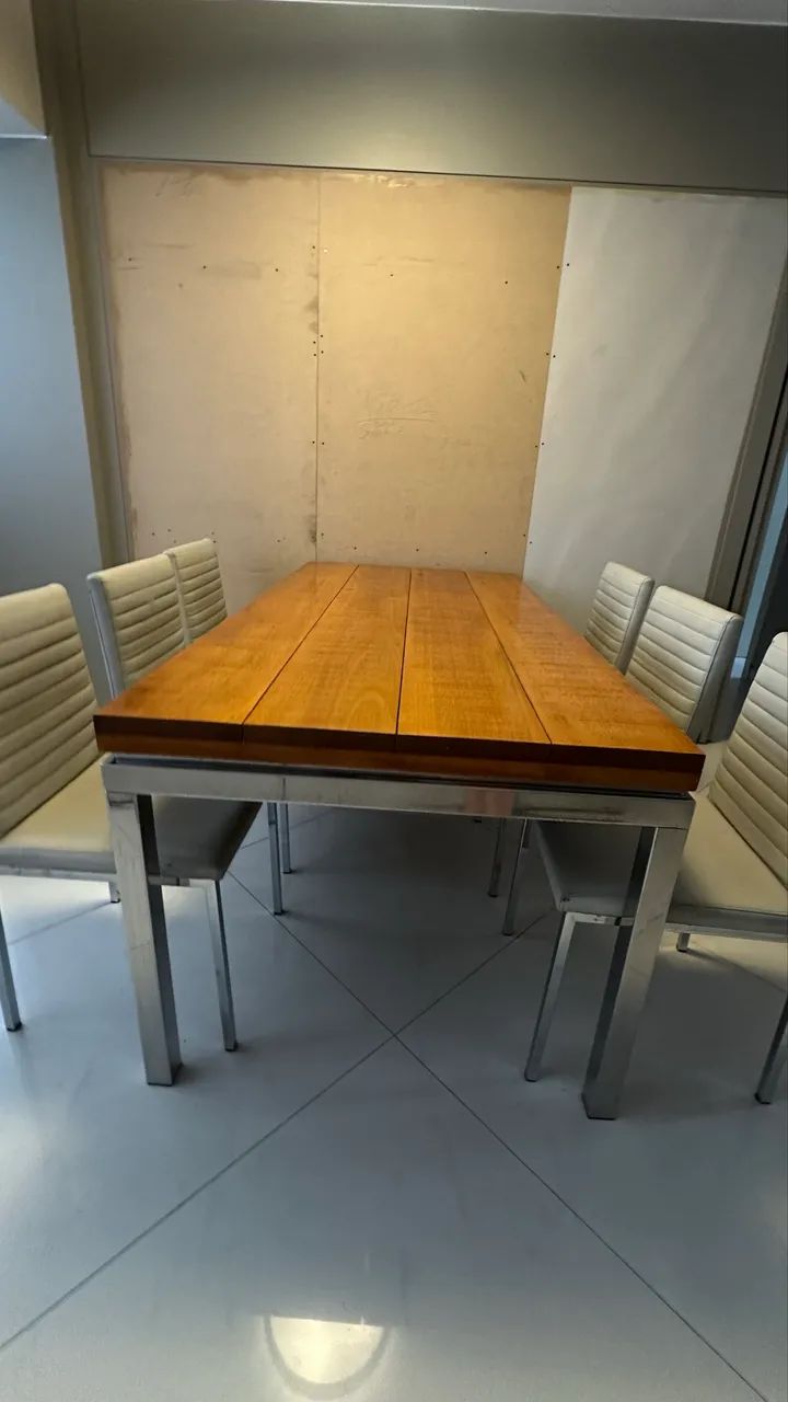 Mesa de Jantar Premium Industrial - Madeira Maciça e Base Cromada + 6 Cadeiras - Foto 2
