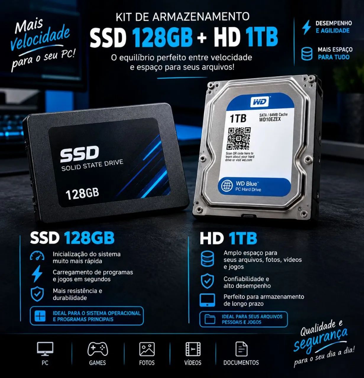 SSD de 128 GB e HD de 1TB