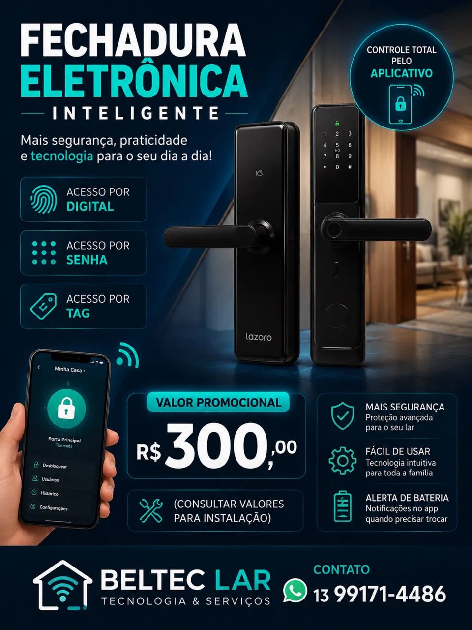 Fechadura eletrônica NOVA com digital, tag, senha e chave! 