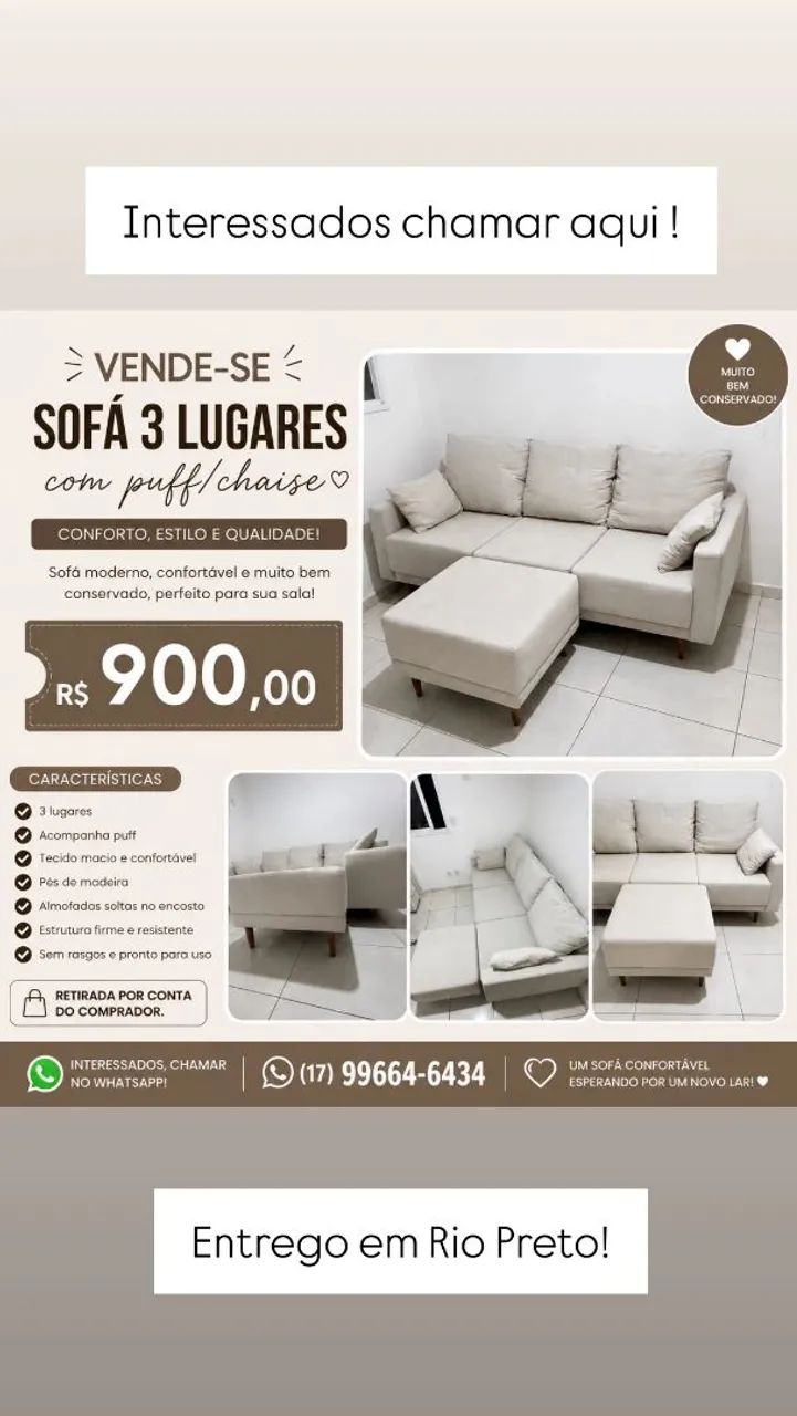 Sofá Linho Living com Puff/Chaise