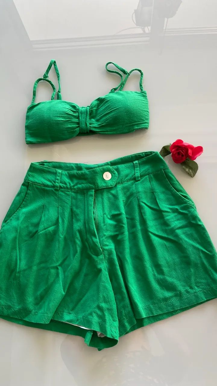 Conjunto feminino 3 peças, short, top e camisa - Foto 3