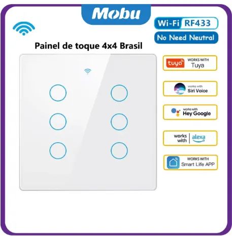 Interruptor Smart 6 teclas touch 4x4, compatível com Alexa.