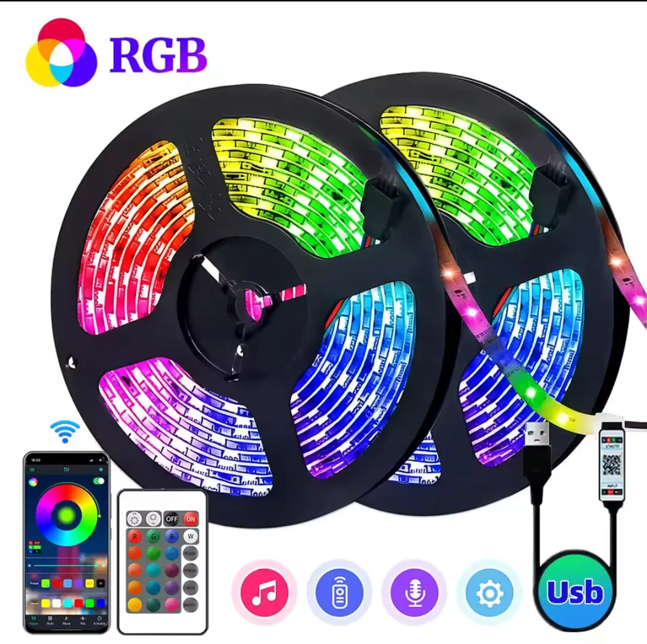 Fitas de LED RGB com controle remoto e USB