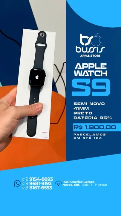 Apple Watch Series 9 41MM  Preto  Saúde de bateria 95%  R$ 1.900,00 | Loja Física |