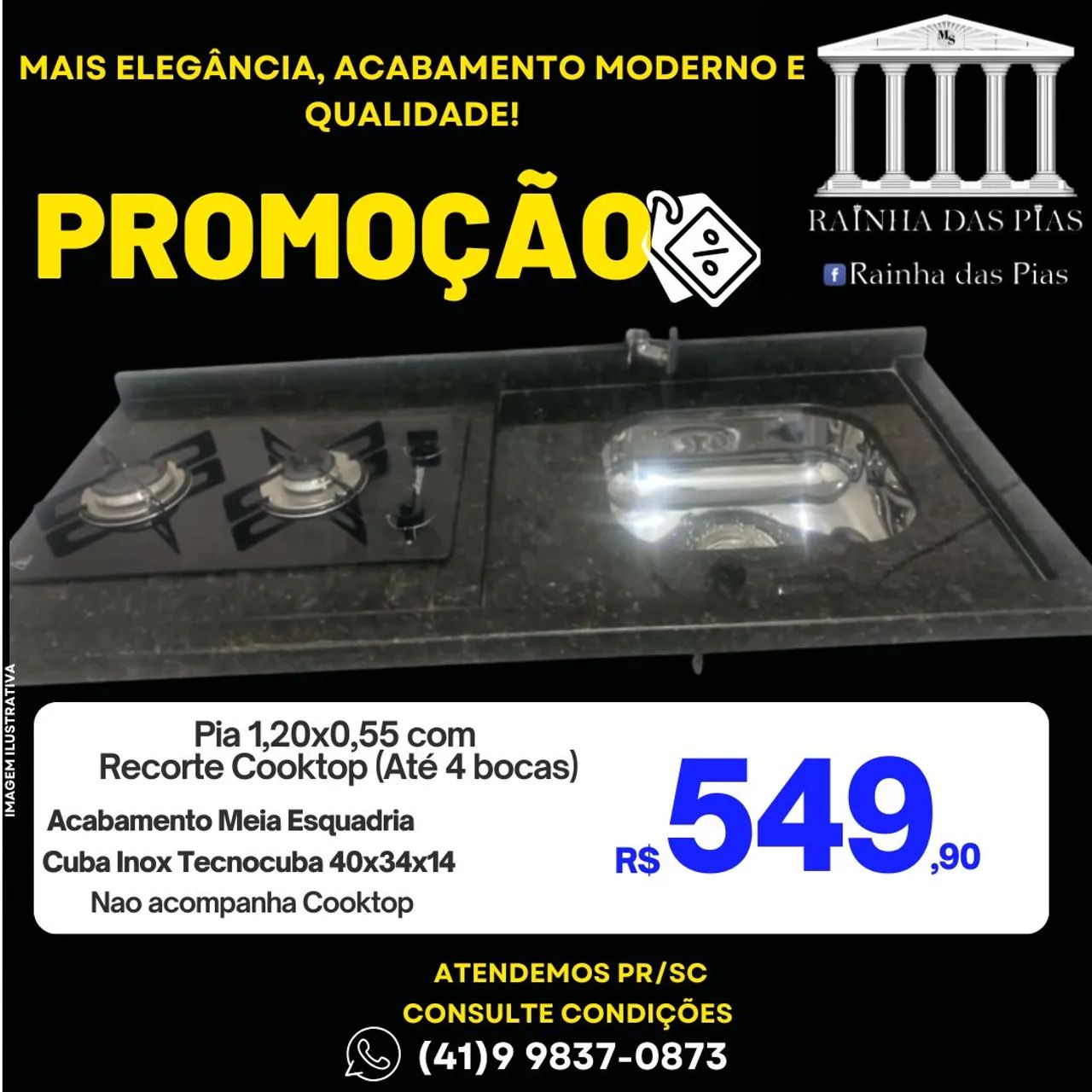 Pia de Cozinha 1,20x0,55 com Recorte Cooktop - PROMOÇÃO!