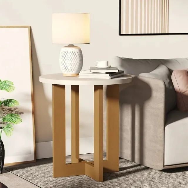 Mesa De Canto Lateral Redonda Com Pés Retrô Apoio - Em Oferta 