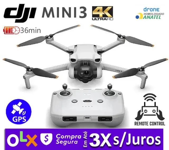 Drone DJI Mini3 4K até 10Km 36min + Controle Rádio + Bateria, Novo, Caixa, NF, Gar, Troco!