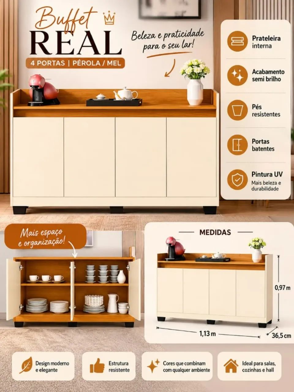 Promoção Buffet Real com 4 portas Perola/Mel