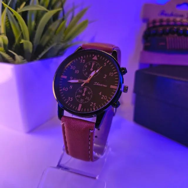 Relógio Masculino Shaarms® Couro Classic Black C/ Caixinha - Foto 4
