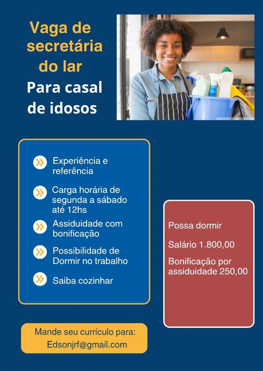 Vaga secretária do lar, serviços domésticos, possa dormir no emprego
