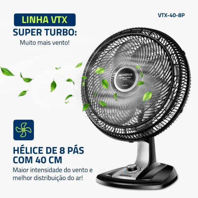 Ventilador 40cm Super Turbo 8 Pás, Mondial, Preto/Prata, 140W, 110V - VTX-40-8P