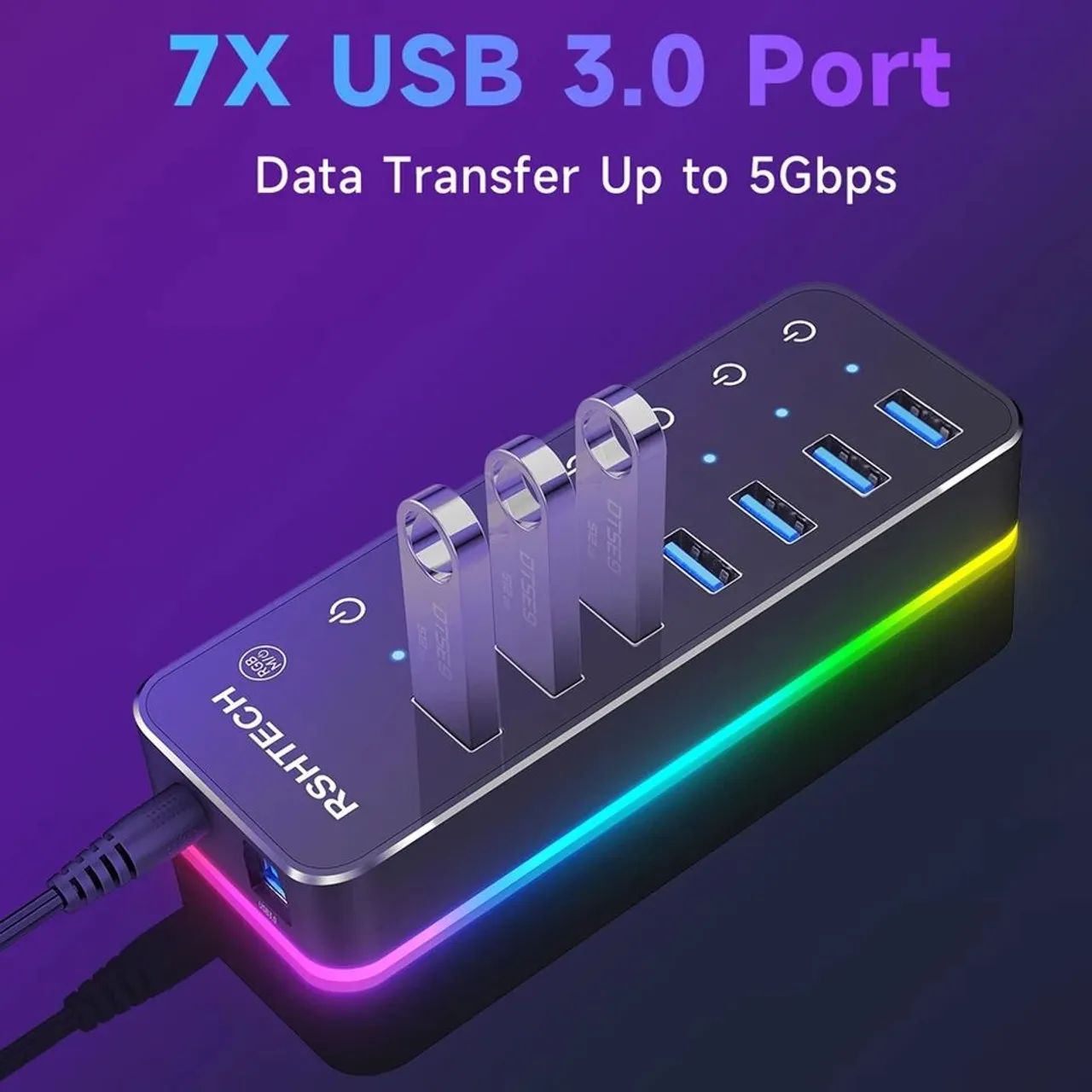 Hub USB Rshtech 5gbps 7 Portas USB 3.0 com LED RGB - Foto 2
