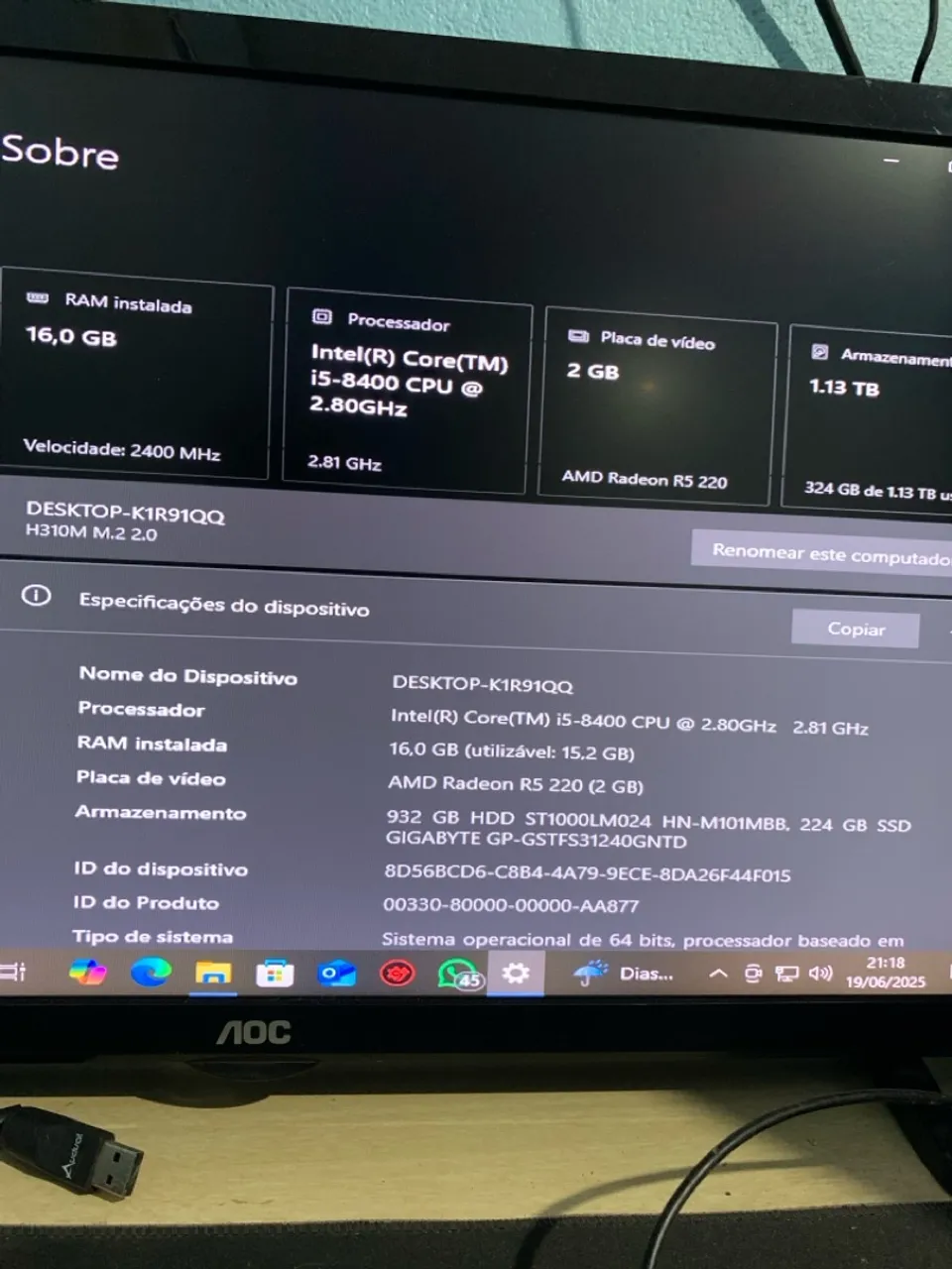 Computador Desktop Intel i5-8400, 16GB RAM, SSD e HD