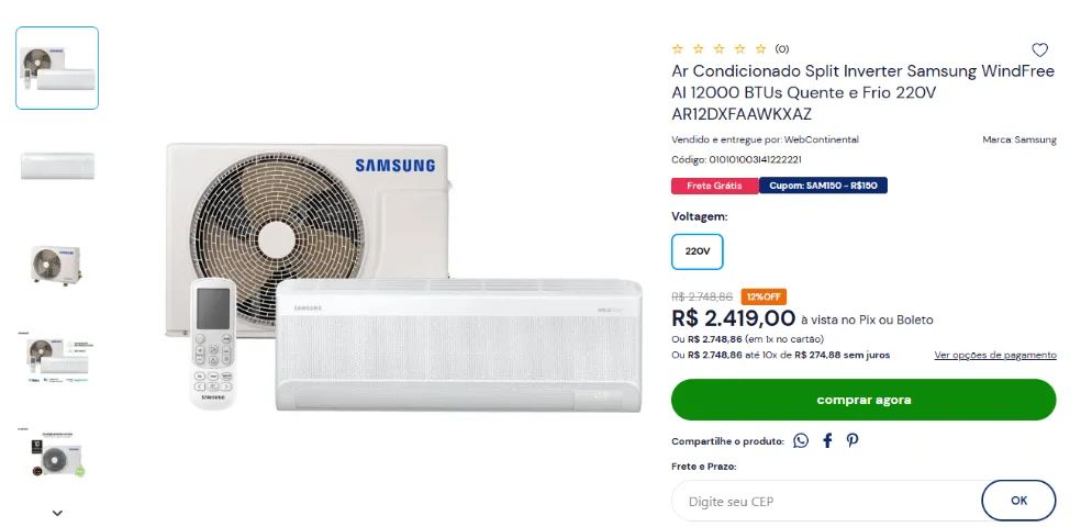 Ar Condicionado Split Inverter Samsung WindFree AI 12000 BTUs Quente e Frio 220V - Foto 3