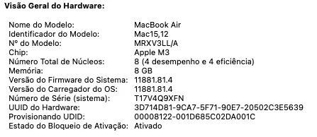 Macbook M3 8gb 256gb 47 ciclos + teclado e mouse apple