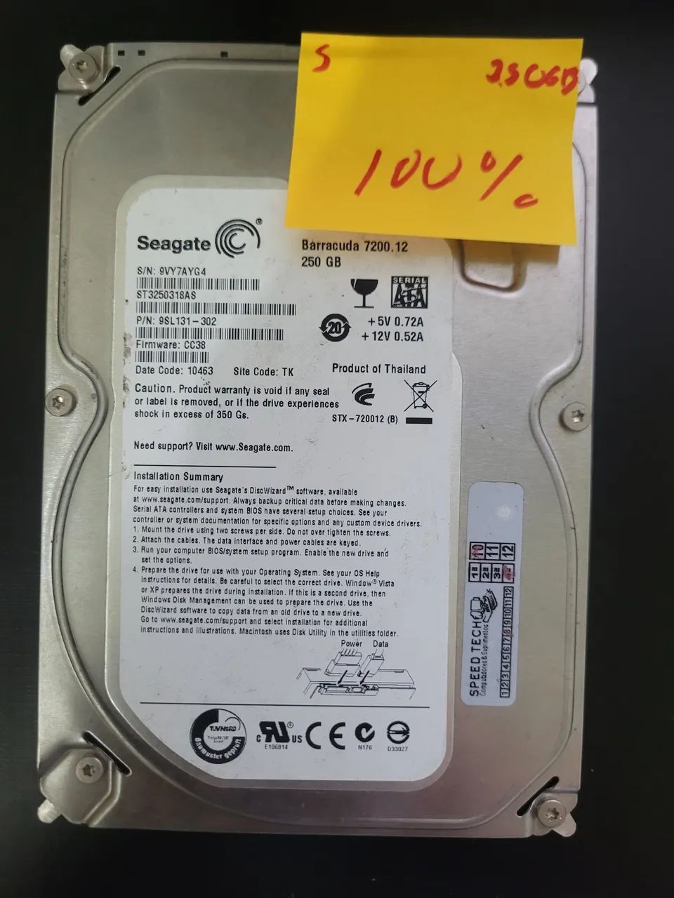 Seagate Internal SATA HD 250GB, 100% Healthy, Used