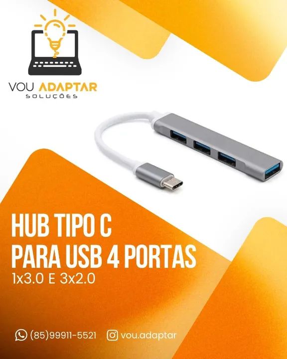 HUB USB Tipo C com 4 entradas USB (3x 2.0, 1x 3.0) Pc Notebook Smartphone