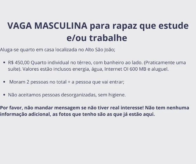 Aluguel de quartos individuais - Alto São João