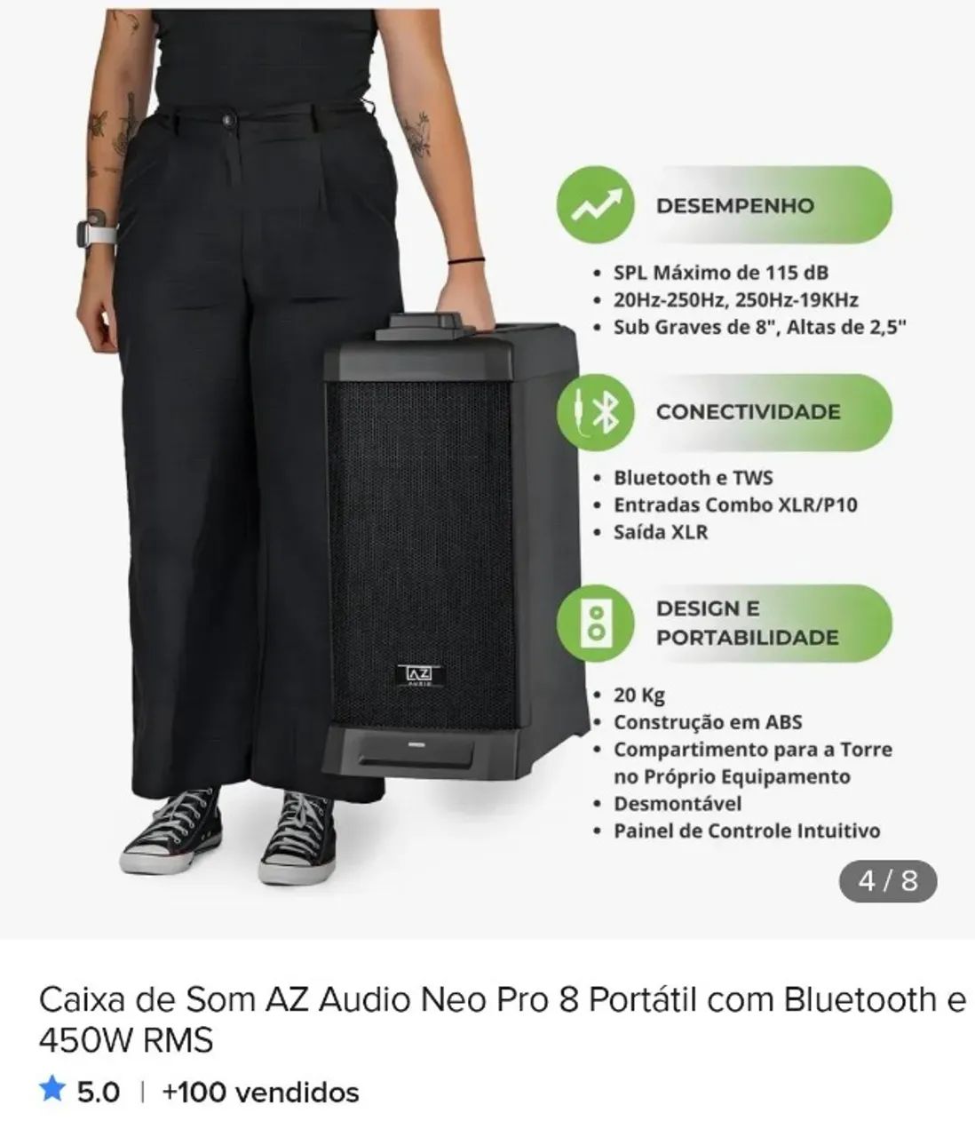 CAIXA DE SOM AZ AUDIO NEO PRO 8 PORTÁTILCOM BLUETOOTH E 450W RMS