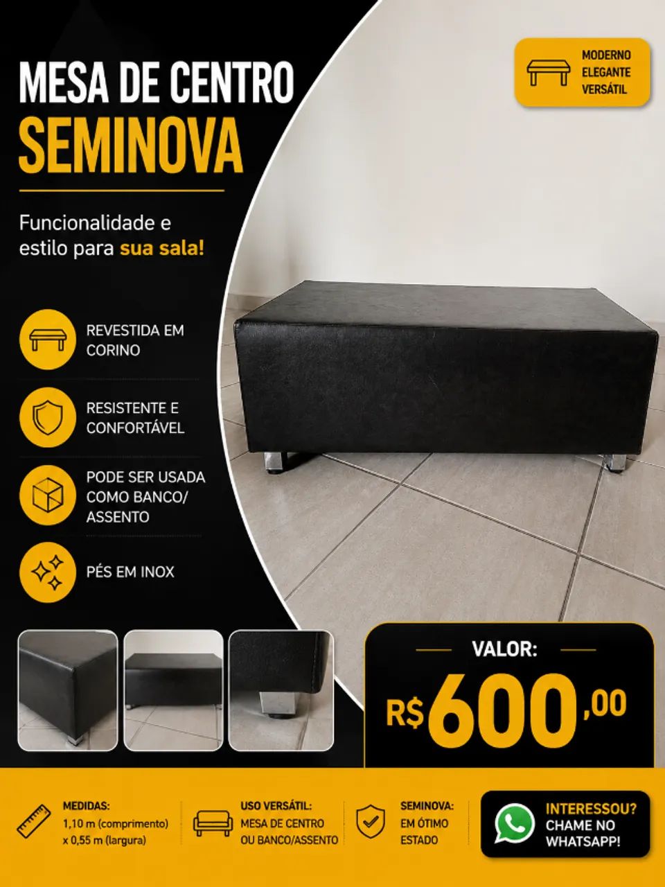 Mesa de centro em corino e inox