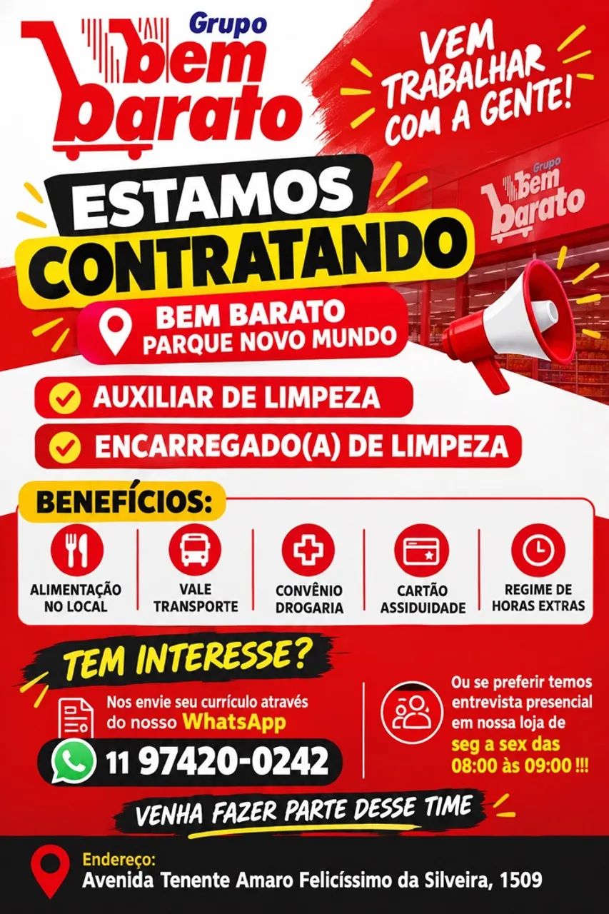 Vagas de auxiliar de limpeza e líder de limpeza 