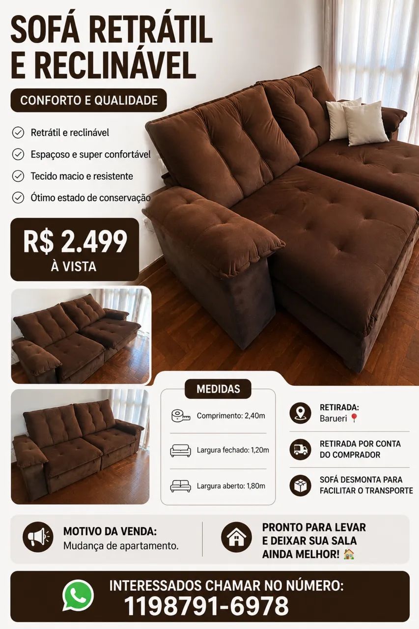 Sofá Retrátil e Reclinável 2,40m | Excelente Estado - Foto 3
