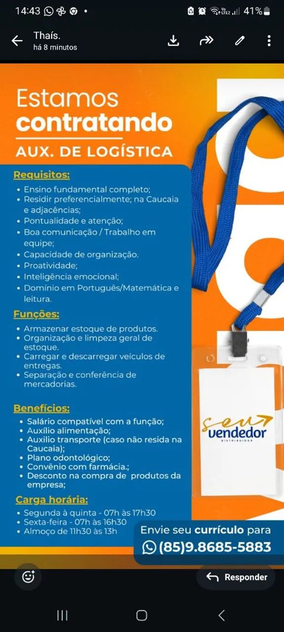 Vaga para Auxiliar de Estoque