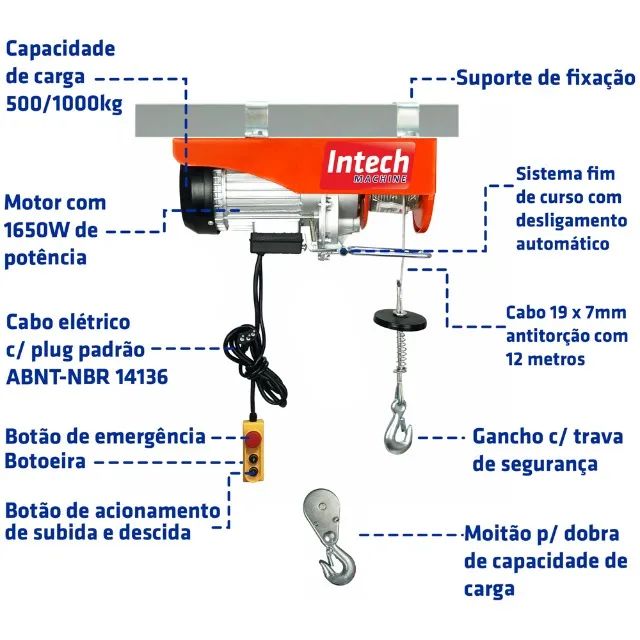 Guincho de Elevação 500/1000Kg ELEV1000-220v Intech - Foto 3