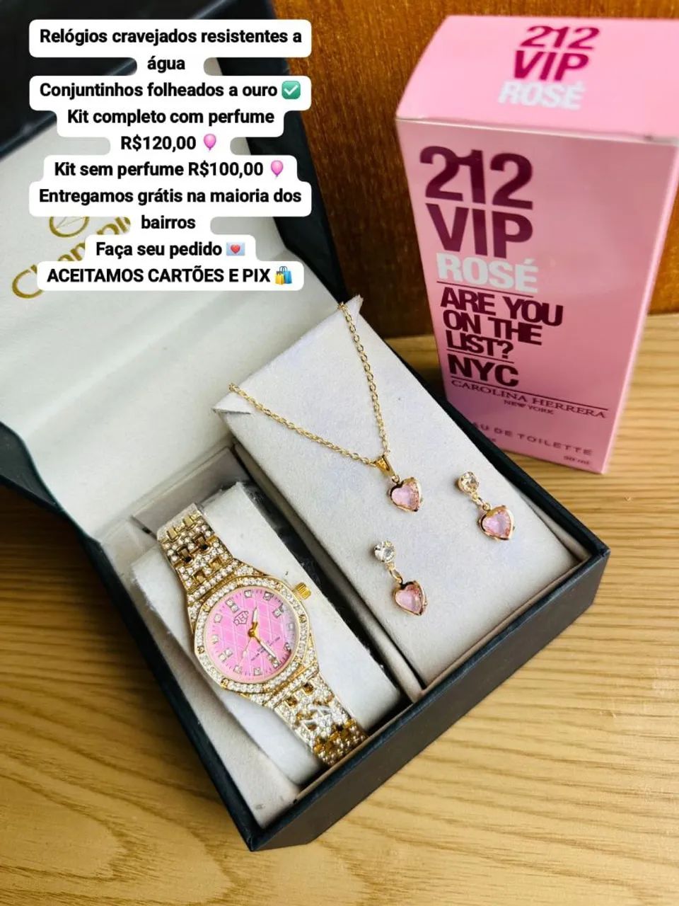 Kit Relógio + Semijoias Folheadas a Ouro + Perfume 212 VIP Rosé