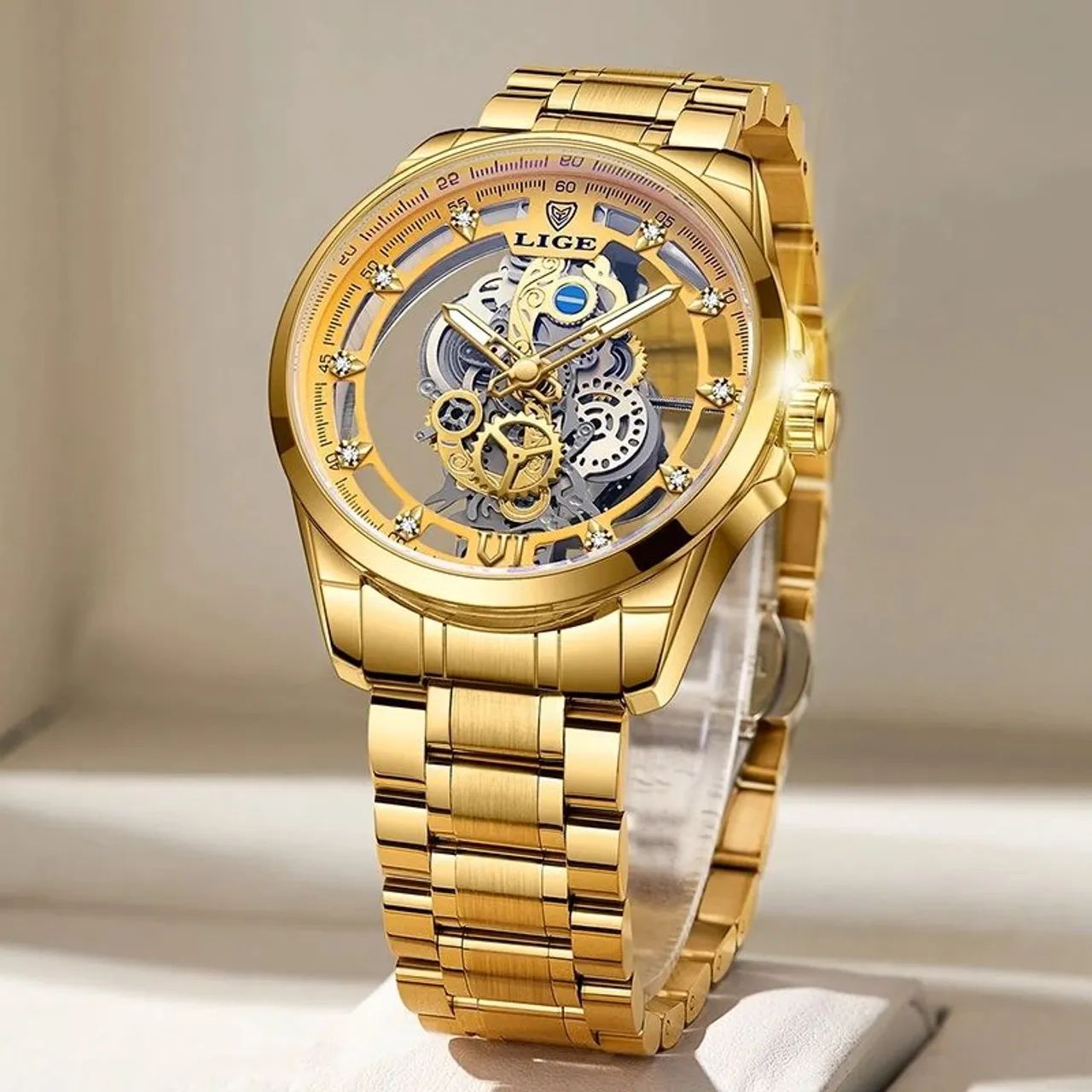 Relógio Masculino de Quartzo Esqueleto Dourado - Foto 2