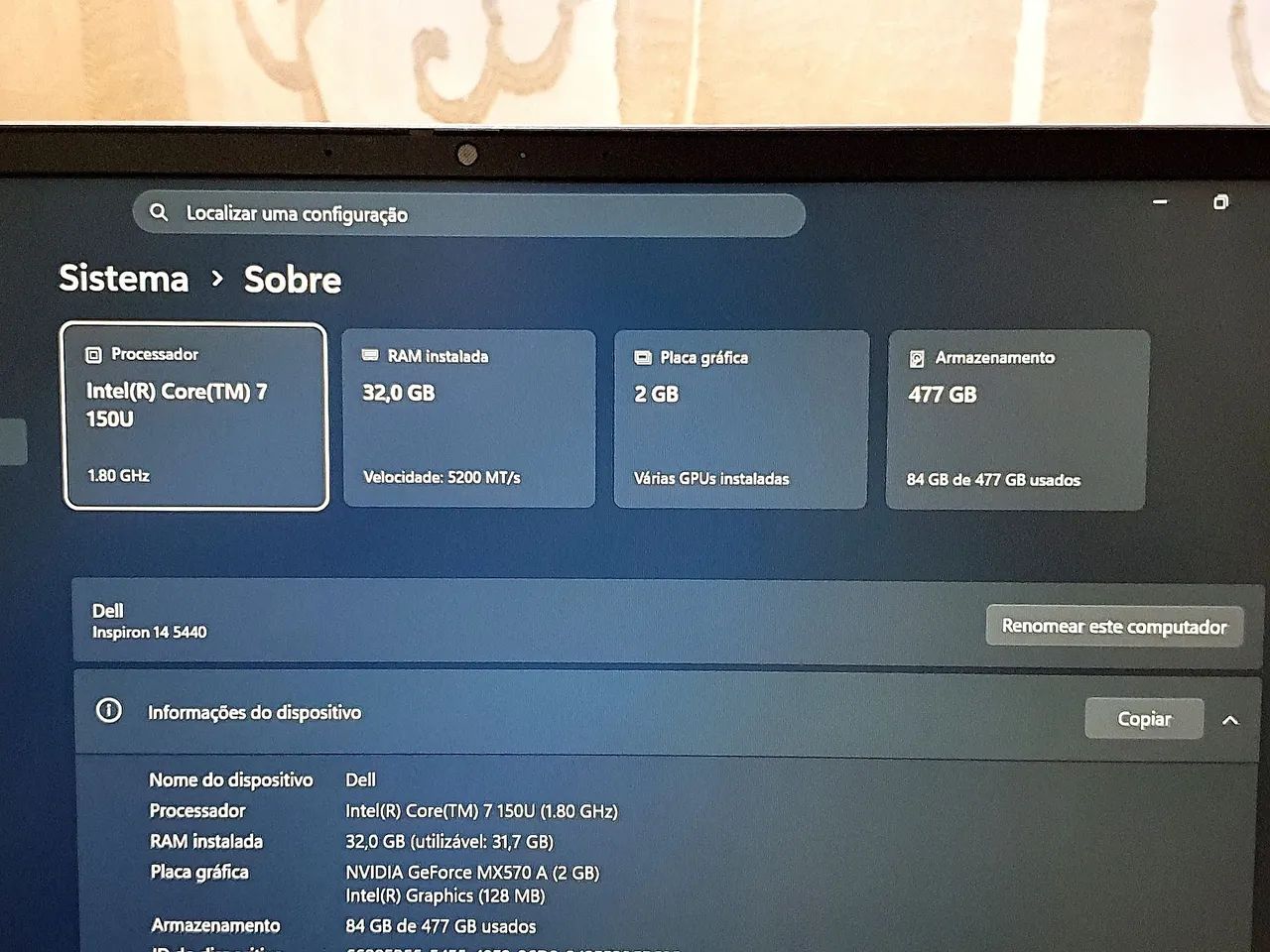 Notebook Dell Inspiron 14. Intel Core 7. 32gb Ram . Nvidia Geforce Mx570. Ssd 512gb. - Foto 2