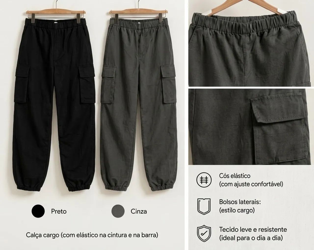 Calça cargo preta e cinza 