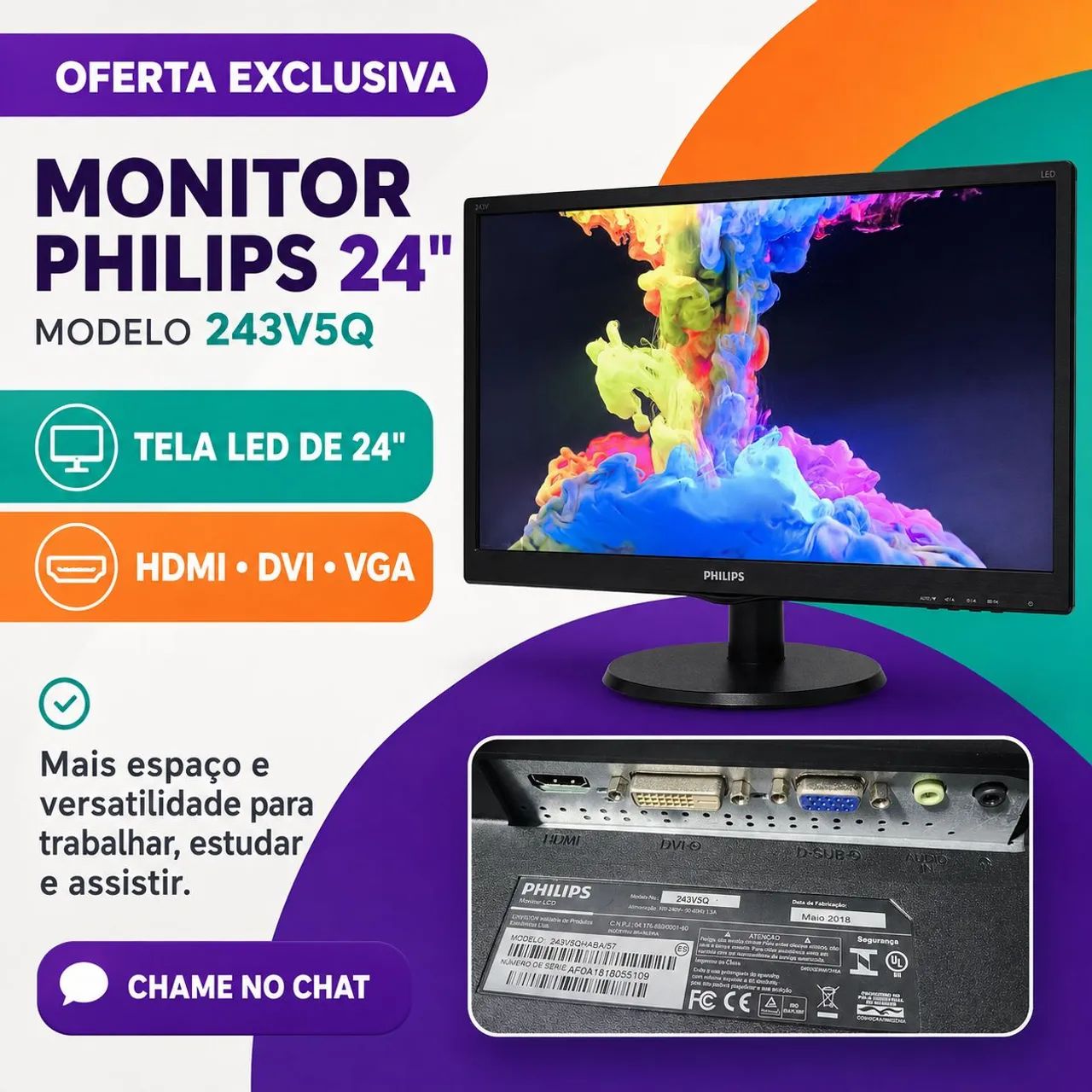 Monitor Philips 24" LED com HDMI, DVI e VGA - OFERTA